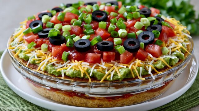 7 layer dip full dish on a white plate