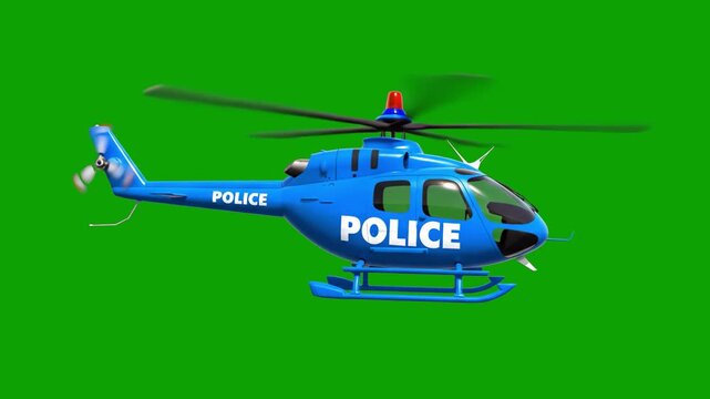 A 3D animation of a blue law enforcement or rescue helicopter with flashing emergency lights and spinning rotors. Isolated on green screen for integration into city scenes or emergency service simulat
