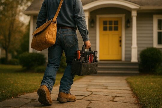 A construction worker approaches a sleek modern villa on a sunny day, holding his tool bag and metal case, symbolizing professionalism and contemporary living.