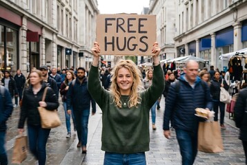 Obraz premium Smiling young woman holding Free Hugs sign on busy city street market