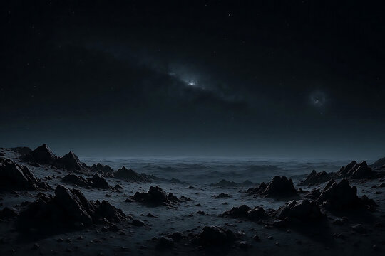 Isolated barren moon surface overlooking a dead galaxy horizon, jagged black rocks under frozen starlight