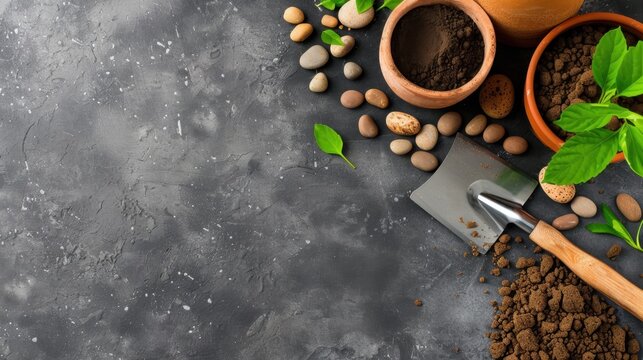 Gardening Essentials with Soil, Pots, Seeds, and Tools on a Textured Background for Nature Lovers and Horticulturists