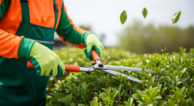 Gardener Pruning Hedge with Shears Outdoor Landscaping Work.