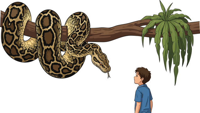 Python Snake on Tree Branch Hunting Prey, Wild Jungle Animal Illustration, Isolated Transparent PNG