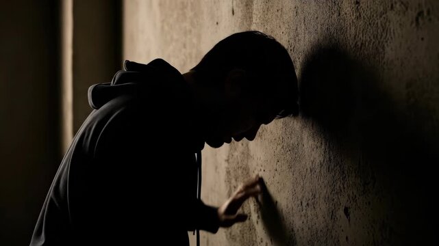 Person leaning against wall silhouette dramatic lighting conceptual image