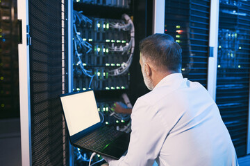 Fototapeta premium Back, man and mainframe with laptop in server room for programming, coding and cybersecurity. Mature person, mockup space and pc with software update, troubleshooting system and technical maintenance