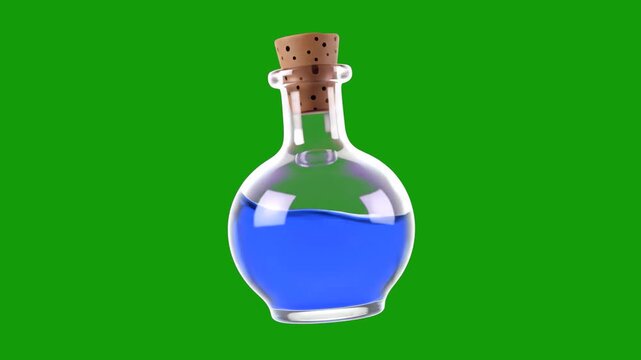 A professional 3D animation of a glass flask containing a vibrant blue liquid with a cork stopper. Isolated on a chroma key green screen, this mana or energy elixir is perfect for fantasy games, RPG i