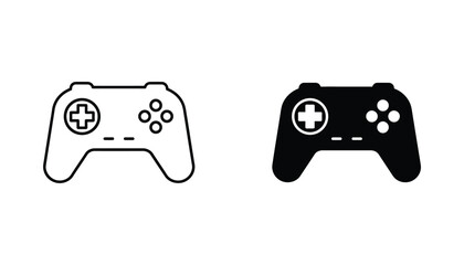 Game controller joystick icon set in outline and solid black style for video gaming and esports industry branding © John