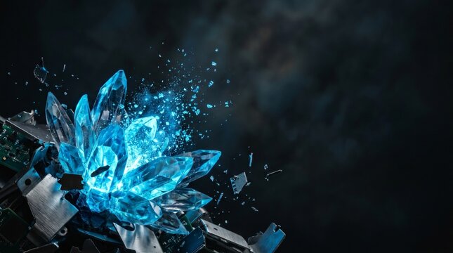 Glowing blue crystals shattering from electronic metal hardware with flying shards on a dark background, concept of energy overload and technology breakthrough