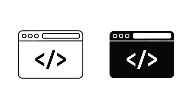 Software development web browser window icon featuring coding tag symbols in outline and solid black vector formats