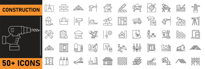 Construction line icons collection, building materials site tools and engineering outline vector sheet © Vector Pulse