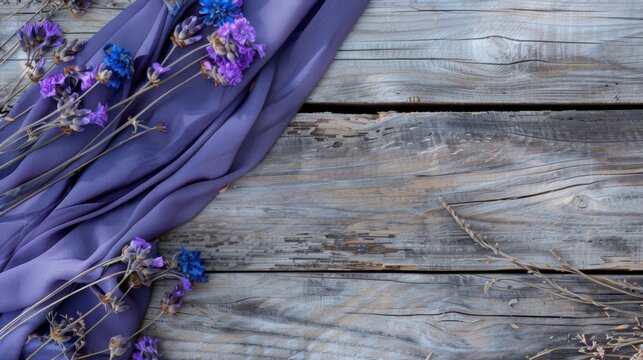 Elegant purple fabric draped over rustic wooden background with fresh wildflowers accentuating natural beauty and texture