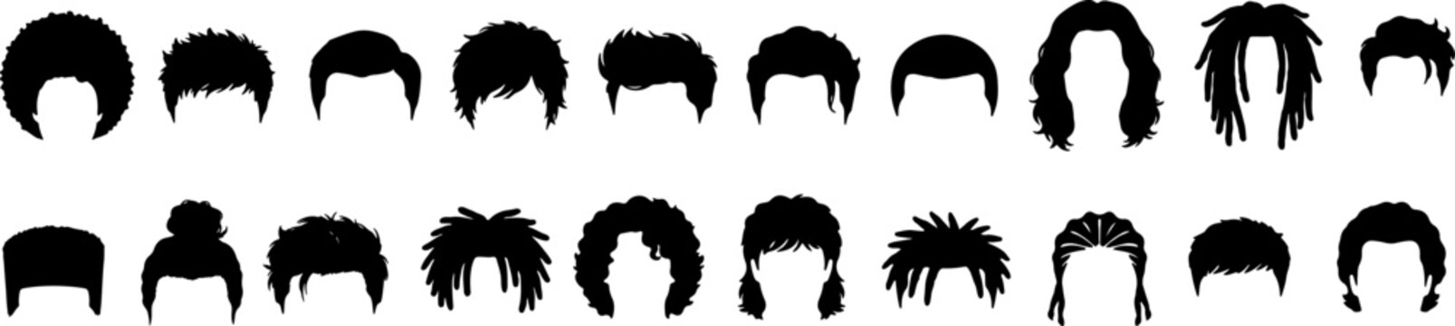 Collection of diverse black silhouette hairstyles for men on white background