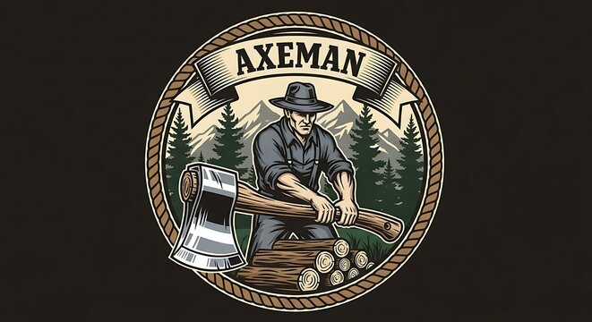 Axeman illustration man with axe outdoors forest background vector style
