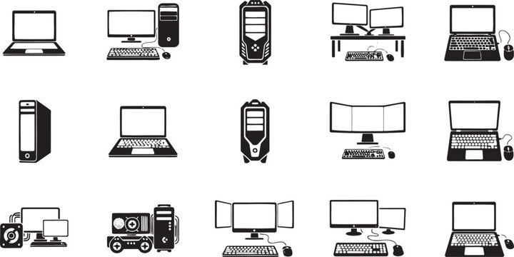 Collection of various computer and technology icons in black and white on a plain white background