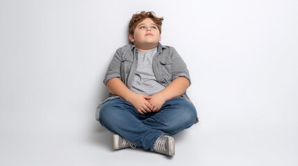 Obraz premium Thoughtful young boy sitting in a relaxed pose on a light background, contemplating life with a dreamy expression