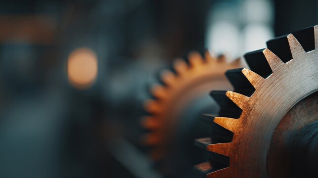 Industrial machinery maintenance metal gears coated with oil in a warm cinema environment