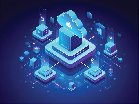 Isometric data technology network 3D vector illustration with digital server platforms and cubes connected by lines. Abstract cloud, AI blockchain infrastructure concept. Futuristic blue background