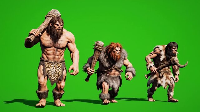 Three cavemen standing together, holding clubs and dressed in animal hides on green background