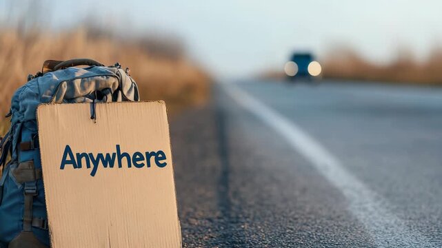 A sign reading 'Anywhere' stands next to a backpack on the side of a highway at sunset. Cars pass by as the warm light shines on the scene, inviting wanderers