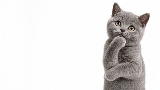 British Shorthair cat thinking with paw on chin on white background with copy space