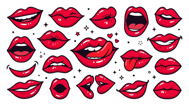 Collection of bold red lips in various expressions and styles, rendered in a vibrant illustration