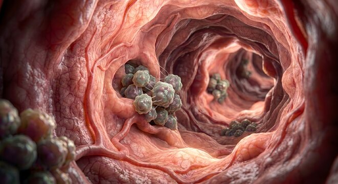 3D medical illustration of colon cancer and polyps inside human intestinal tract