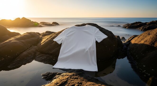 White blank t-shirt mockup draped on beach rocks at sunset. Lifestyle apparel and travel fashion. Clean shirt lying on stones by a tide pool with ocean horizon and warm golden light