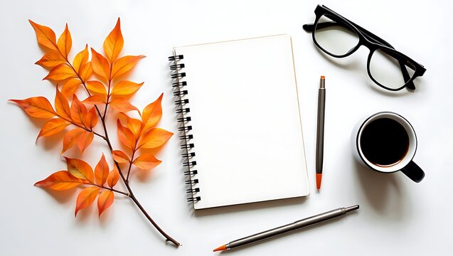 Autumn workspace with notebook, glasses, pens and coffee on a clean white background flatlay
