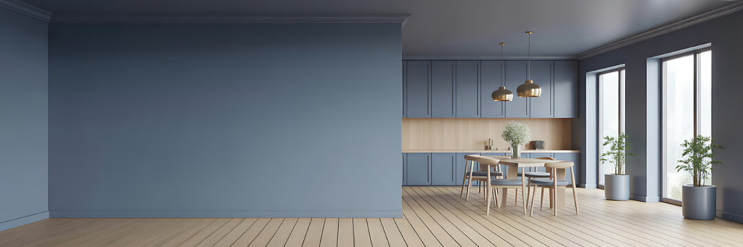 Modern kitchen interior with dining area and empty blue wall space for text or advertisement on light wood floor