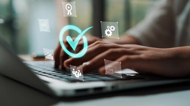 Person using laptop with digital icons and checkmark symbolizing success, teamwork, data analysis, and project management in modern workspace Gluon.