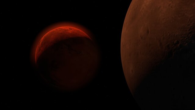  Planet mars with it moons Phobos. 3d illustration