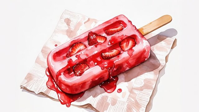 Watercolor melting strawberry popsicle resting on a napkin, playful summer dessert illustration isolated on white background.