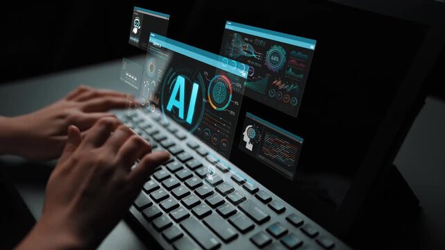 Hands on Keyboard with Digital Screens Displaying AI Data and Analytics in a Dark Environment Sigmoid