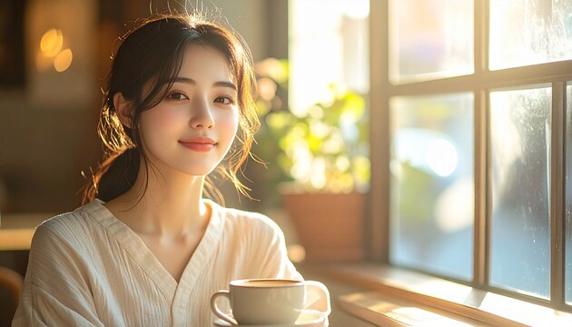 朝の陽光の中でコーヒーを手に遠くを見つめる日本人女性