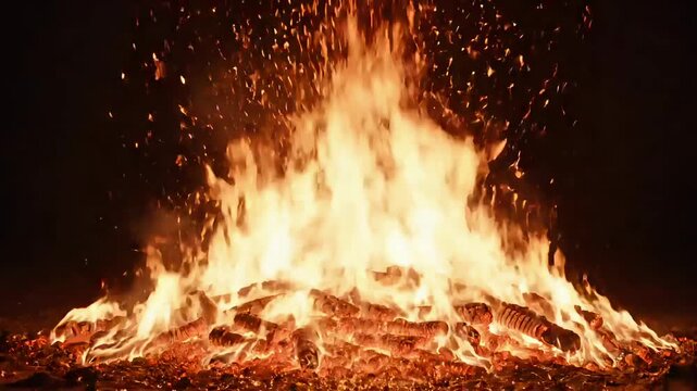 Vibrant fire burning with sparks flying at night
