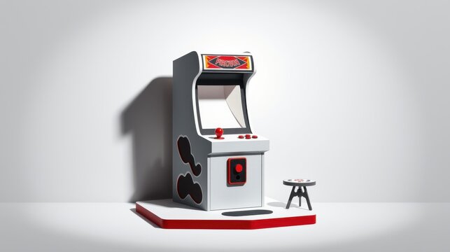 Retro arcade machine sits upon red platform. Minimalist design, bright studio lighting creates strong shadows. Pacman game visible.