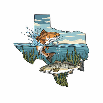 Texas state map shape with redfish jumping and spotted seatrout swimming in coastal grass