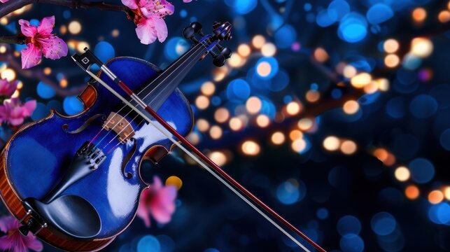 Elegant blue violin surrounded by pink cherry blossoms on a dreamy bokeh backdrop creating a serene, artistic atmosphere