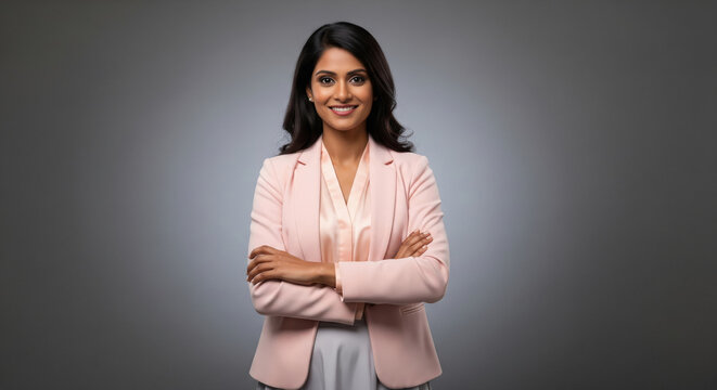 A confident businesswoman stands as a leader with her supportive team applauding in the background