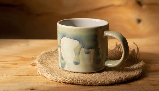 Ceramic mug featuring blue and green drip glaze effects placed on a round burlap coaster atop a light wood surface with warm natural side lighting and blurred background.