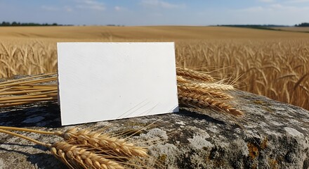 Naklejka premium Blank white card and wheat stalks on a stone wall. Rustic mockup and stationery design. Horizontal card resting on rocks in a golden harvest field
