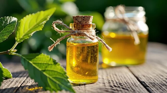 Two glass bottles of yellow essential oil on a wooden table with green leaves