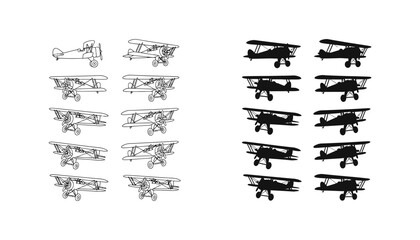Vintage biplane aircraft collection in outline and solid black style for aviation and history design © Oliver