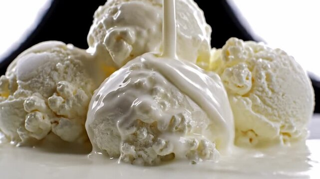 Delicious scoops of creamy white ice cream with sweet sauce drizzling
