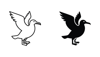 Obraz premium Seagull bird in flight icon with wings spread in outline and solid black vector style for coastal and nature themes