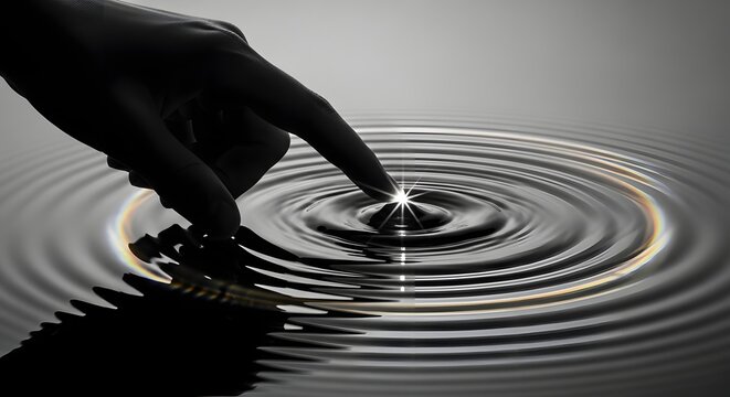 Finger touching water surface with ripple effect. Zen meditation and connection concept. Person making contact with calm liquid creating circular waves in black and white artistic style
