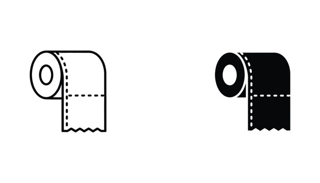 Toilet paper roll icon set with perforated edge in outline and solid black silhouette for hygiene and household supplies