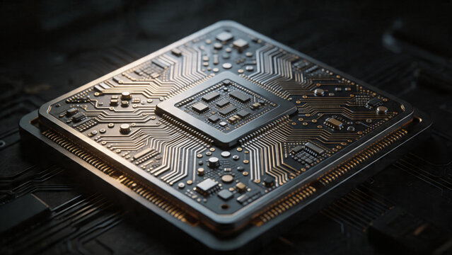 Macro view of a cutting-edge central processing unit with complex gold traces on a black board emphasizing supercomputing and hardware innovation.