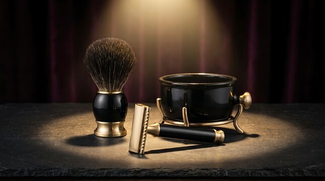 Black and gold luxury shaving tools set on dark background, elegant composition, premium grooming concept, stylish men care, high-end product display